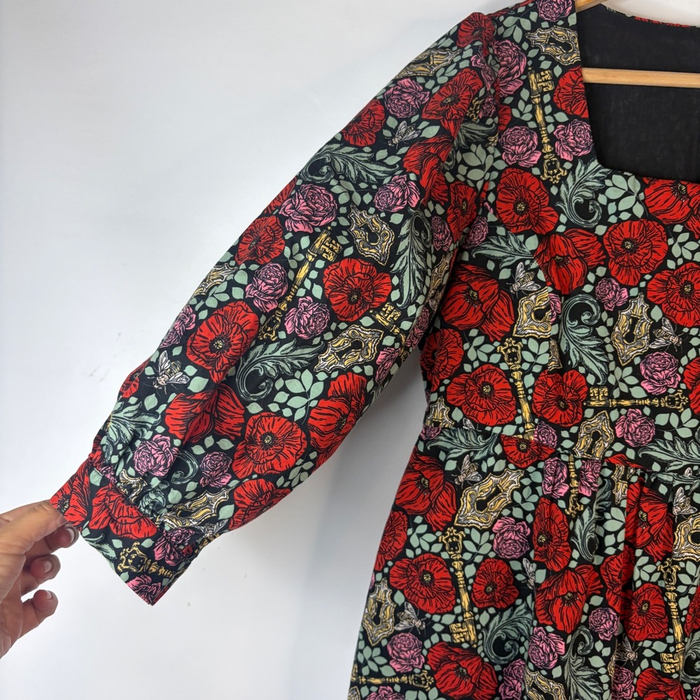 Joanie Midi Dress Women 10 Black Red Floral Key Print Square Neck Puff Sleeve - Picture 3 of 9